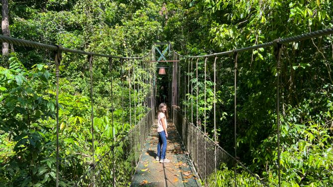 Cruzando el puente suspendido en Bosque del Cabo Rainforest Lodge