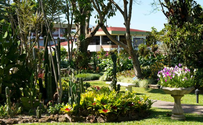 Edificio de habitaciones y jardines del Hotel Bougainvillea